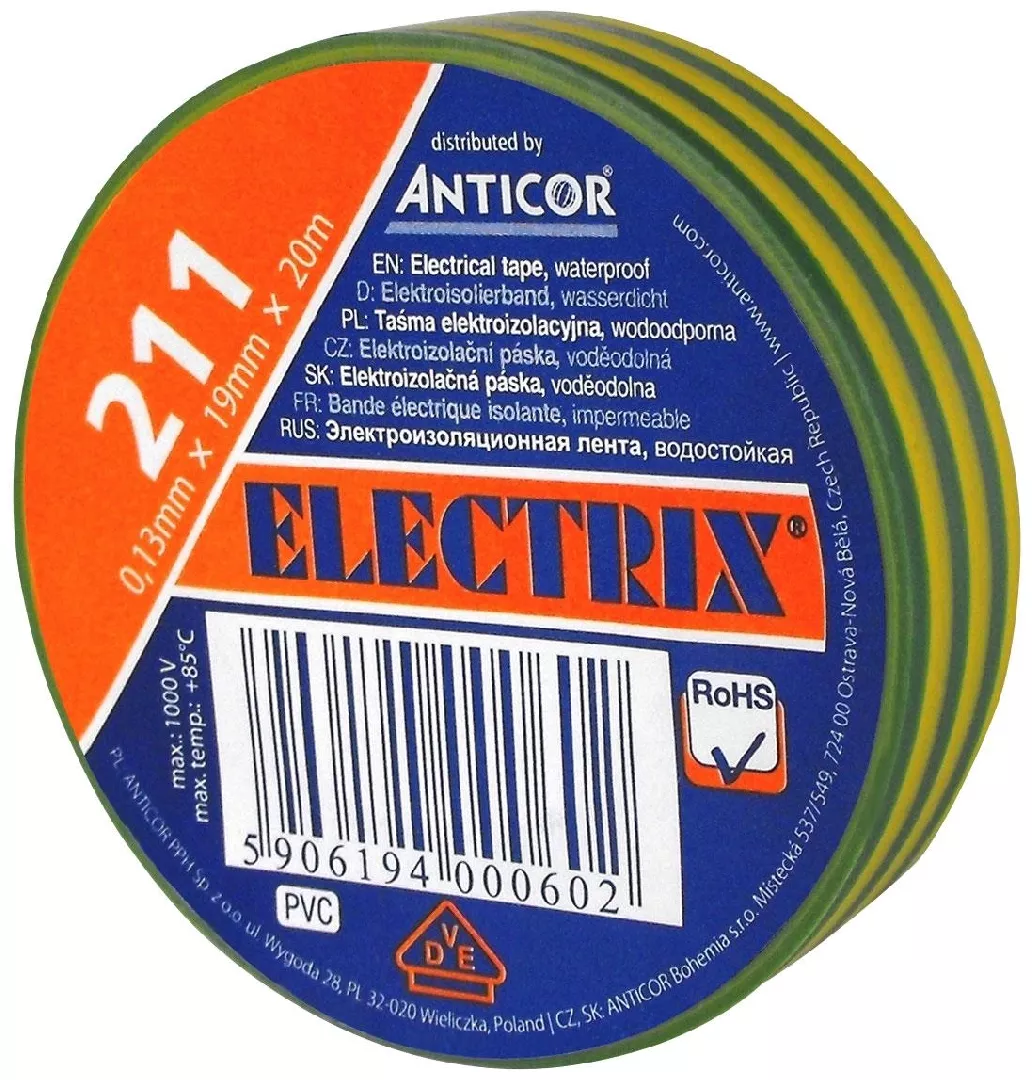 Anticor Taśma elektroizolacyjna PCW zielono-żółta 19mm