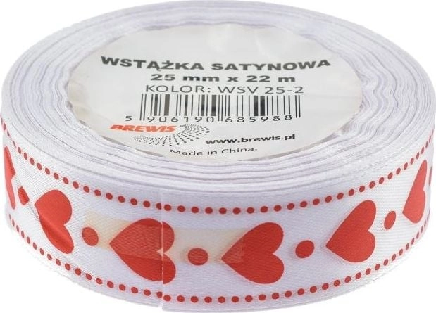 White satin ribbon with hearts 25mmx22m