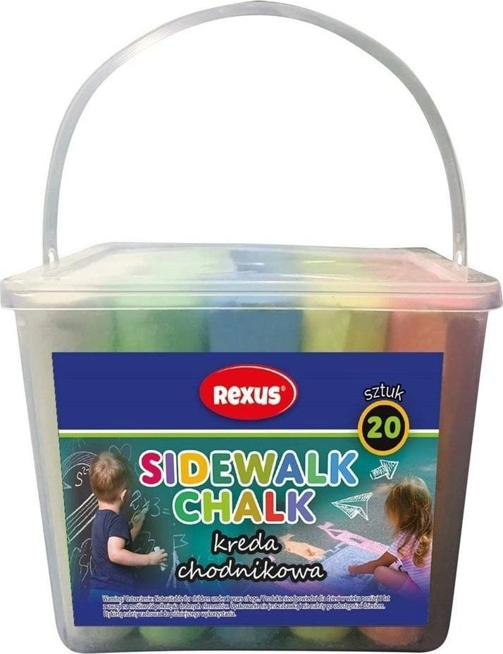 Sidewalk chalk in a plastic bucket