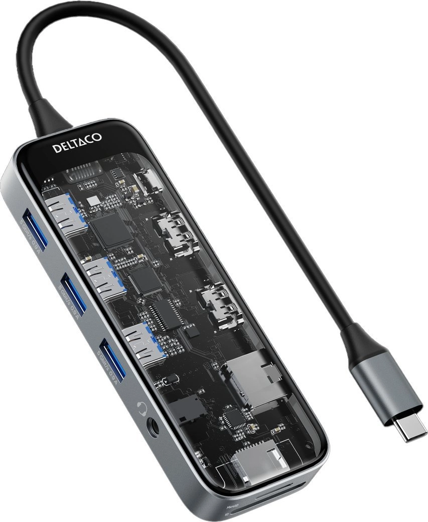 DELTACO USB-C Dockingstation 3xUSB/SD/microSD/2xHDMI/RJ45 USBC-HDMI30 7333048065186