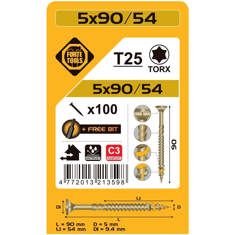 CHIPBOARD SCR T25 5.0X90/54 RSP(100)