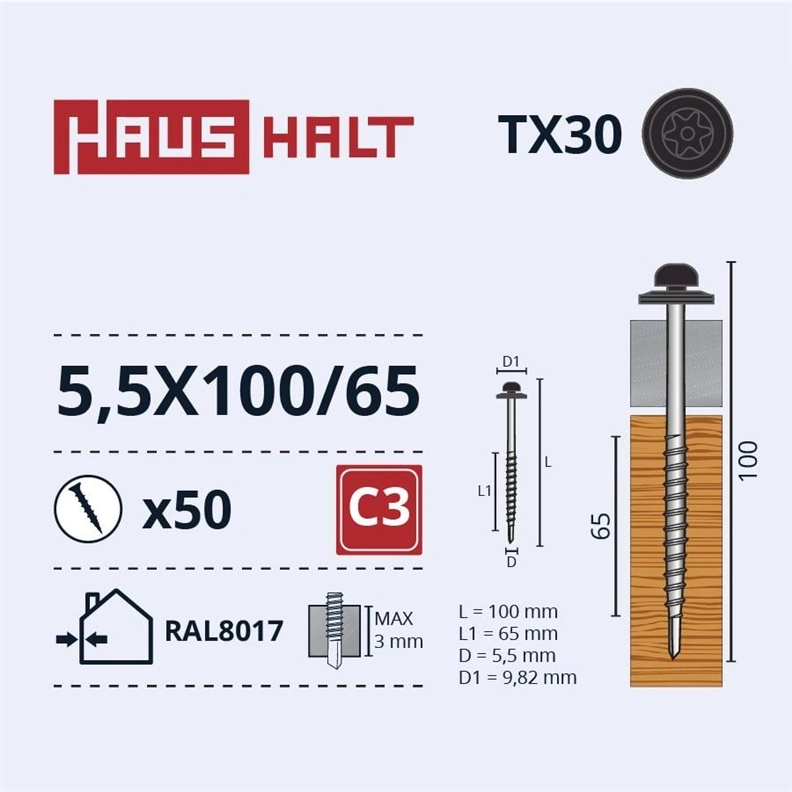 SELF SCREW 5 5X100/65 TORX/EPDM RAL8017