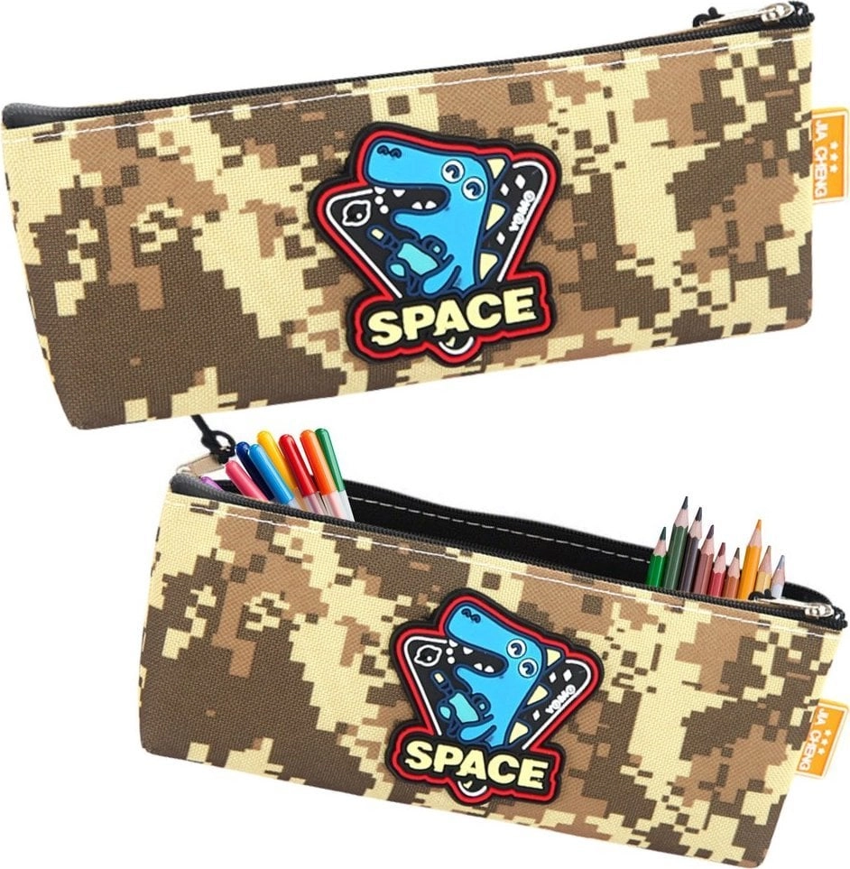 Space Pencil Case Dinosaur Pixels Khaki