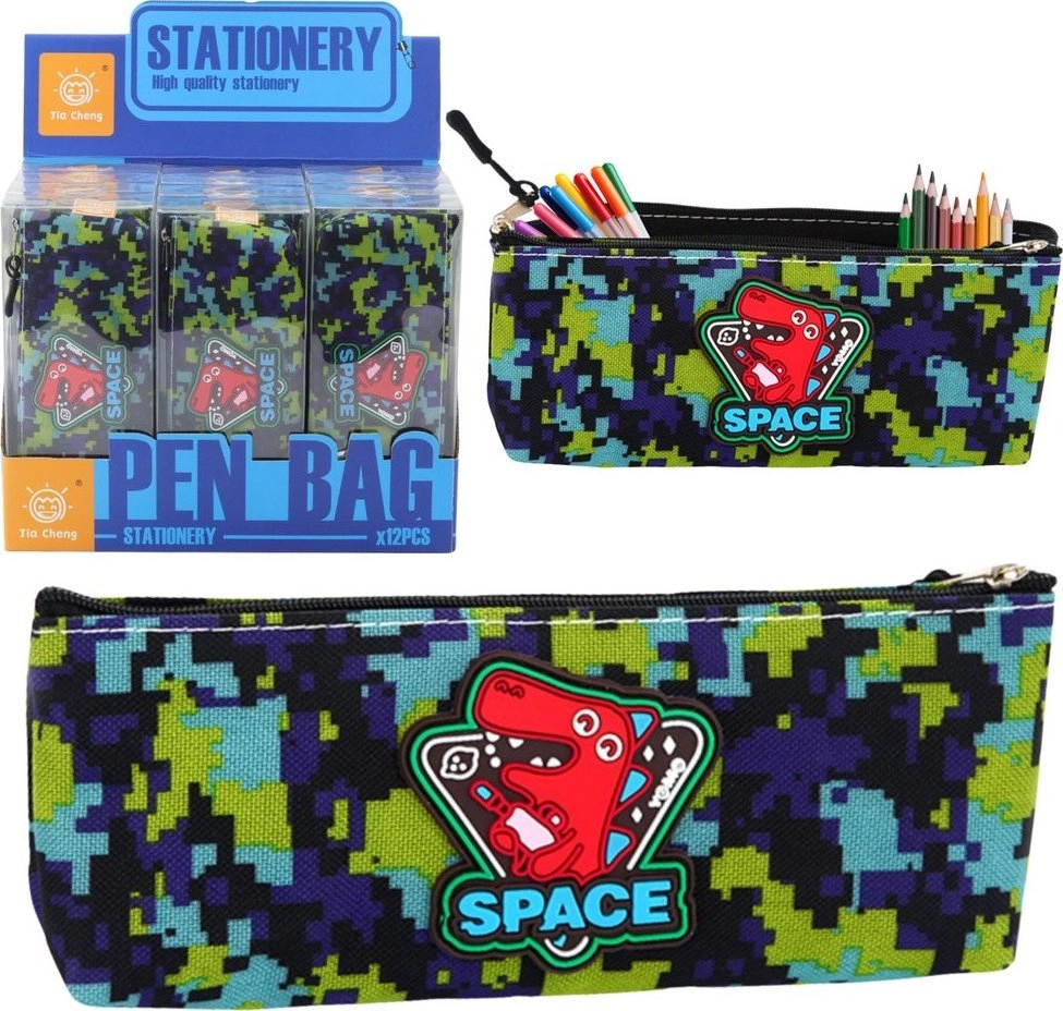 Space Pencil Case Dinosaur Pixels Blue