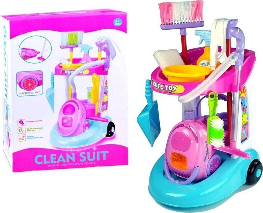 A cleaning kit on a trolley