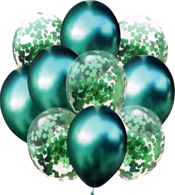 Set of green balloons with confetti