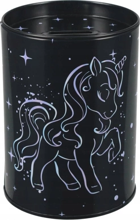 ROUND METAL piggy bank UNICORN HOLOGRAPH