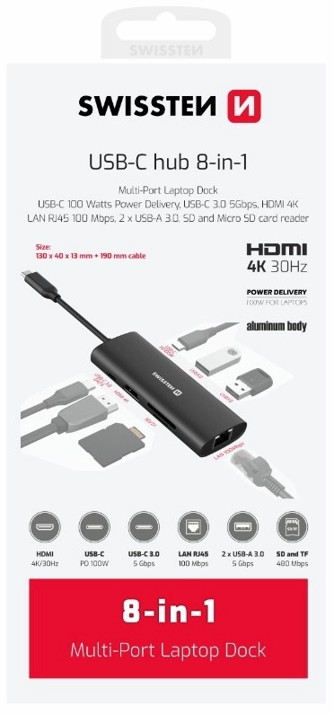 Swissten 8in1 USB-C Hub Aluminium USB-C