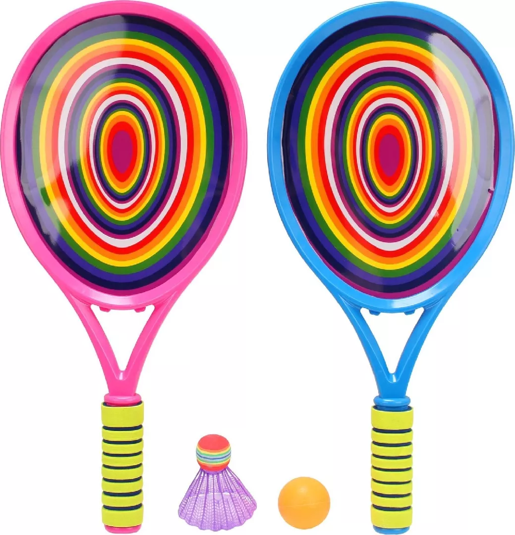 A set of colorful racket paddles