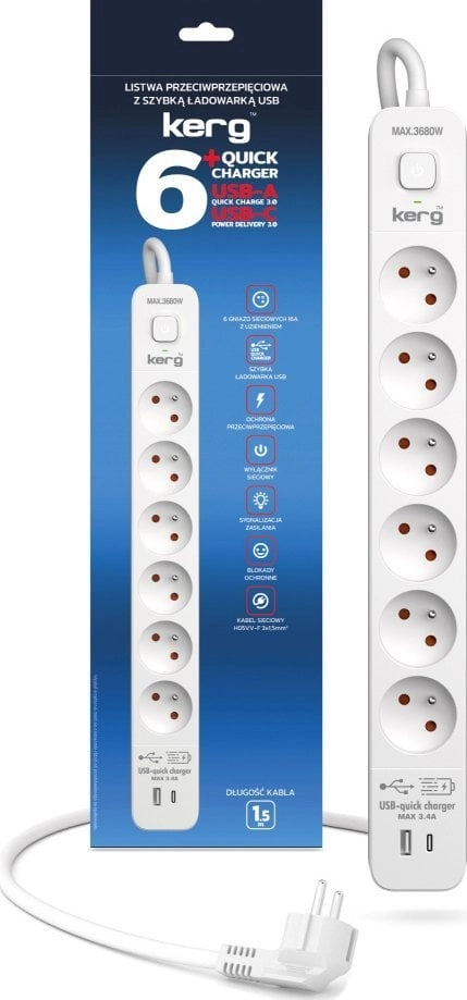 Device supply-protect KERG with switch-6 sockets-USBC+USBA-white-gray-1