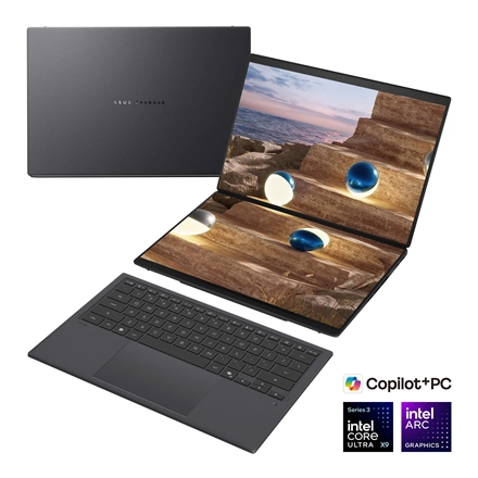 ASUS Zenbook Duo UX8407AA-SN094X Copilot+ PC Intel Core Ultra X9 388H Hibrīds (divi vienā) 35,6 cm (14") Skārienjūtīgais ekrāns 3K 32 GB LPDDR5x-SDRAM 2 TB SSD Wi-Fi 7 (802.11be) Windows 11 Pro Pelēks