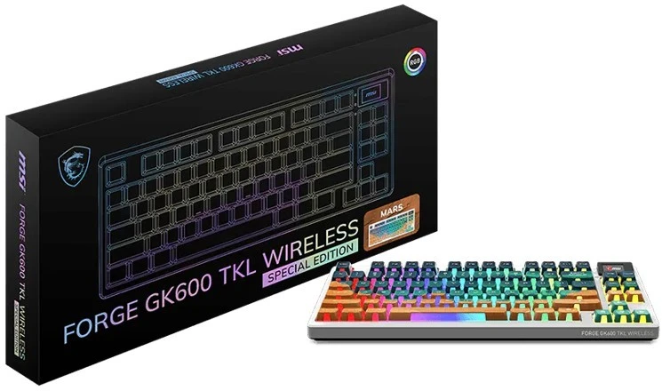 MSI FORGE GK600 TKL WIRELESS MARS tastatūra Speļu USB + Bluetooth QWERTY US International Daudzkrāsains