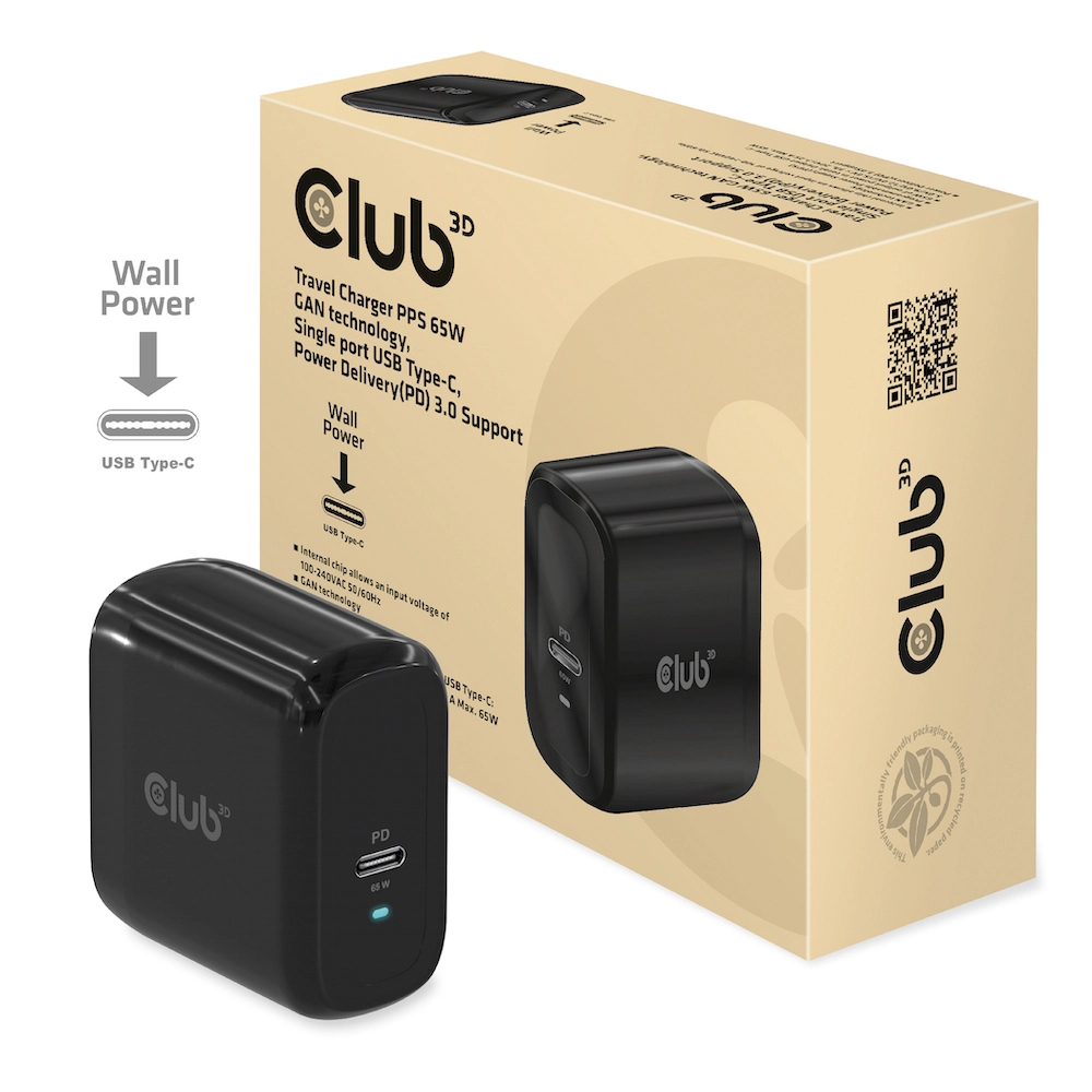 CLUB3D Travel Charger 65W GAN technology