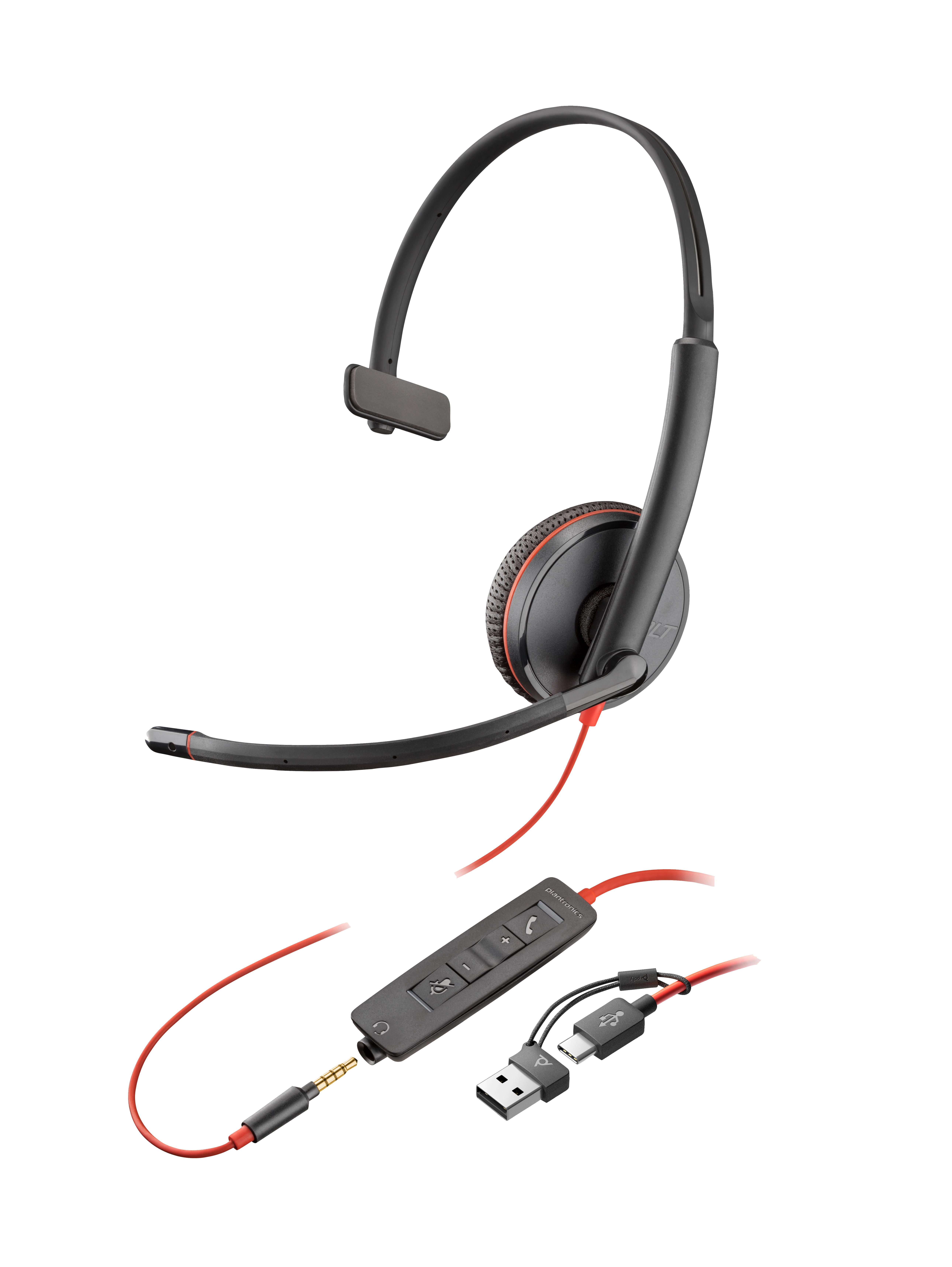 HP Poly Blackwire 3215 monoaurāls USB-C galvas tālrunis +3,5 mm spraudnis + USB-C/A adapters
