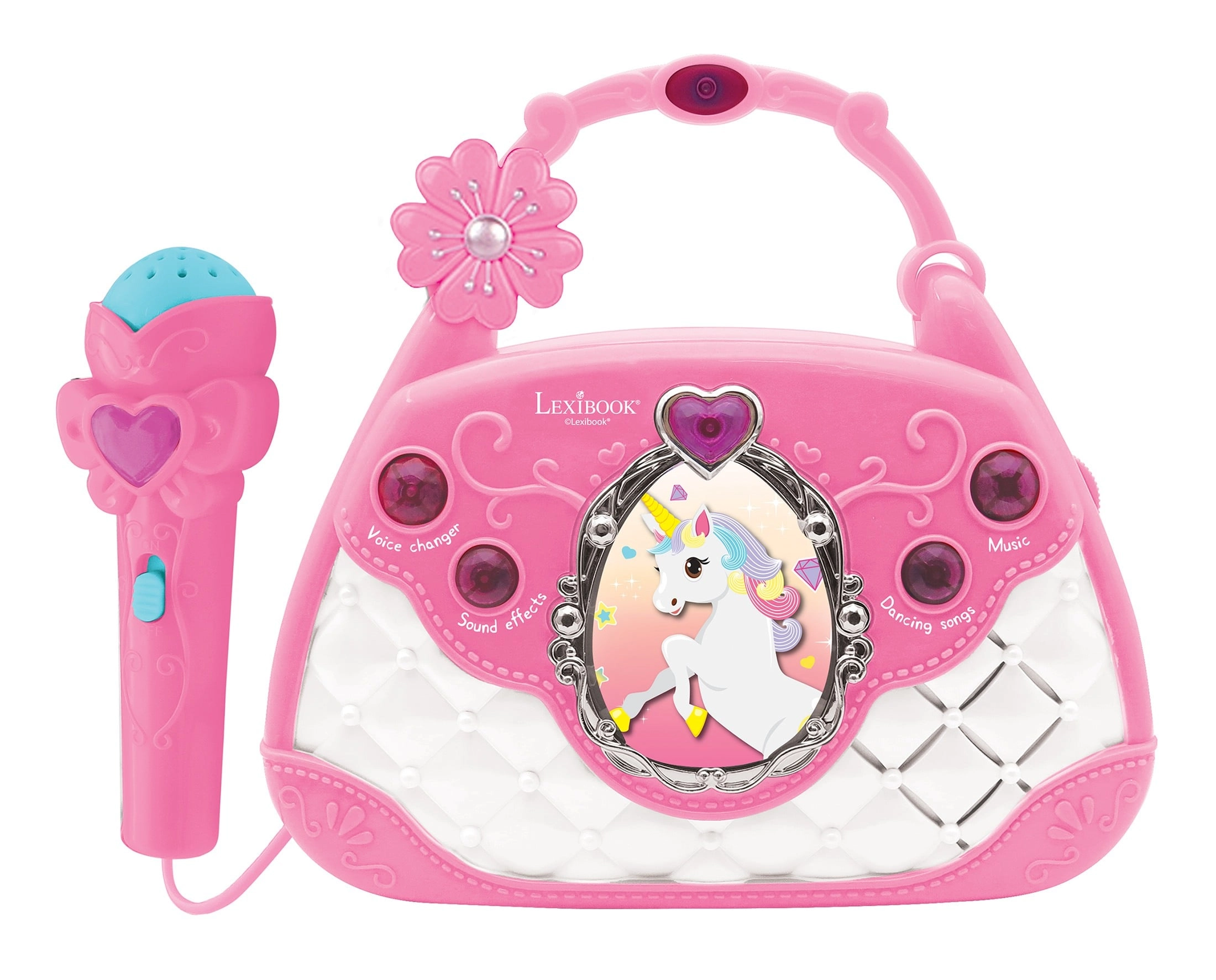 Bag with unicorn speaker and microphone