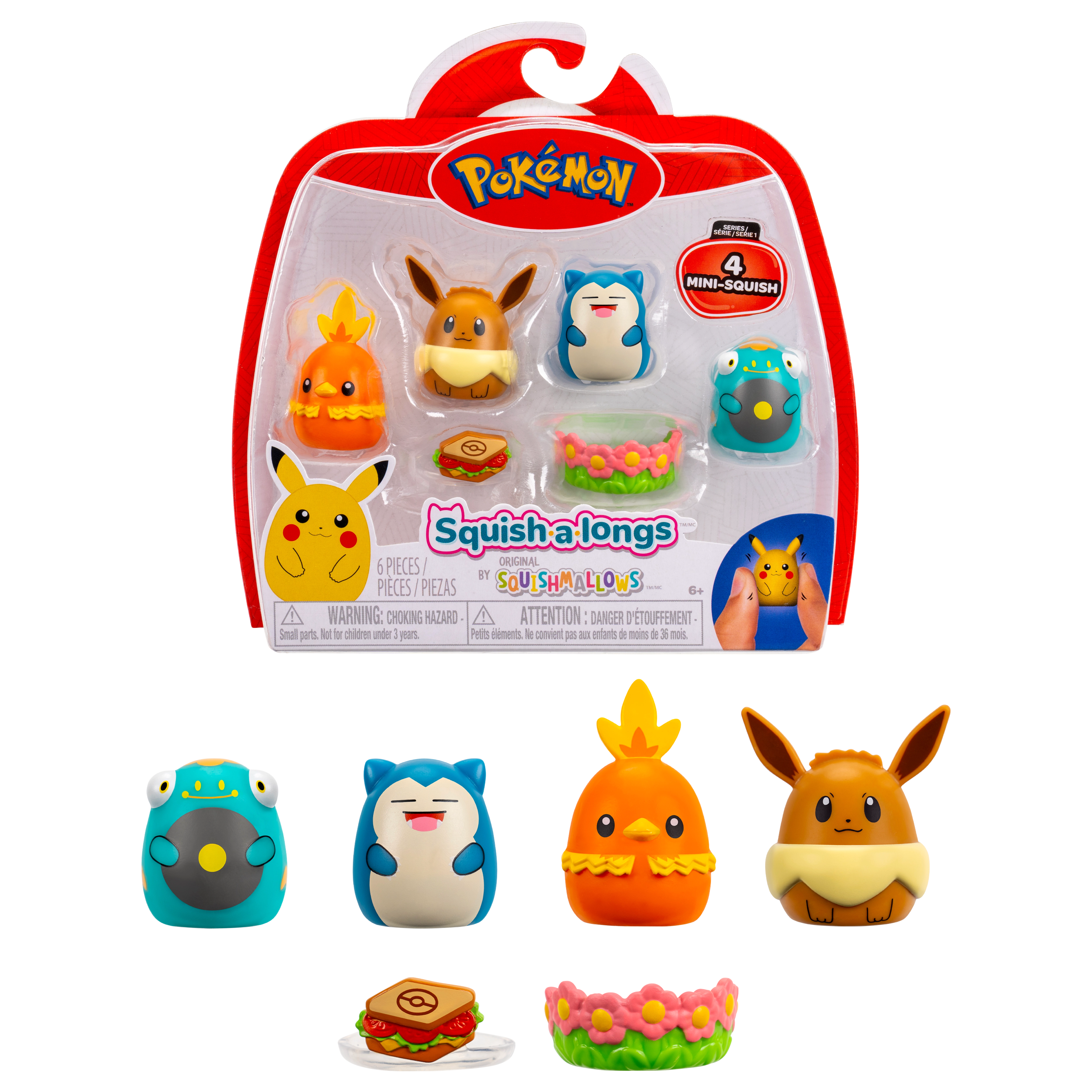 SQUISHALONGS POKEMON 4 PK EEVEE/SNORLAX 0191726823230