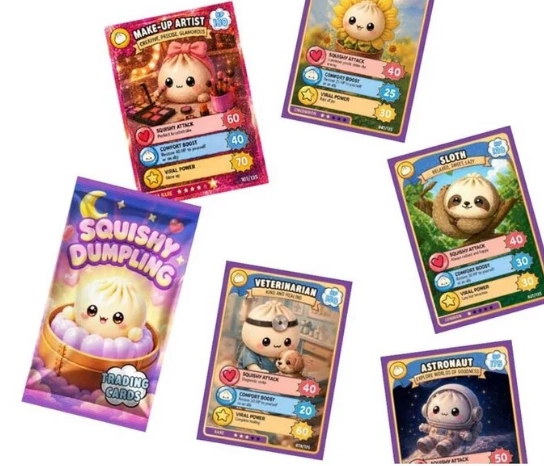 Squishy Dumlings laminated cards in a