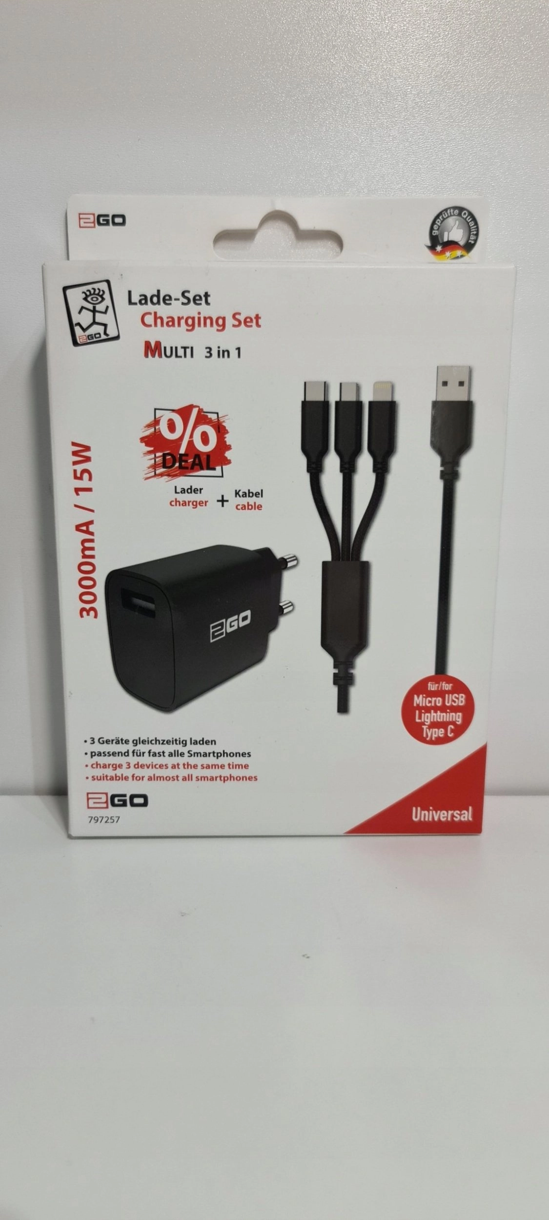 2GO charger 15W incl. cable 1xUSB-A