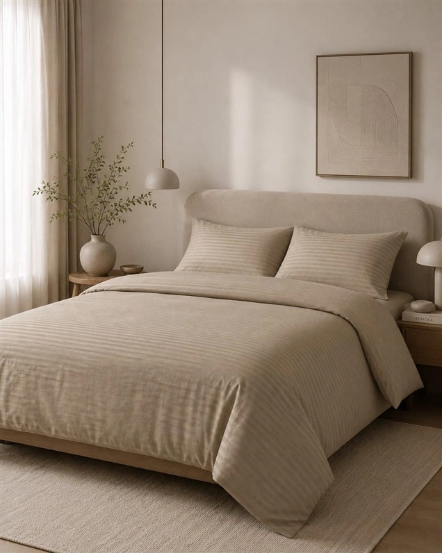 BED COV SET STRIPED SATEEN SAND
