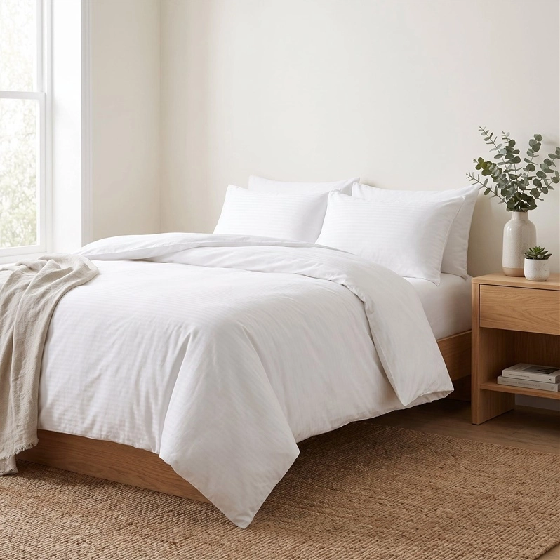 BED COV SET Striped White SATEEN