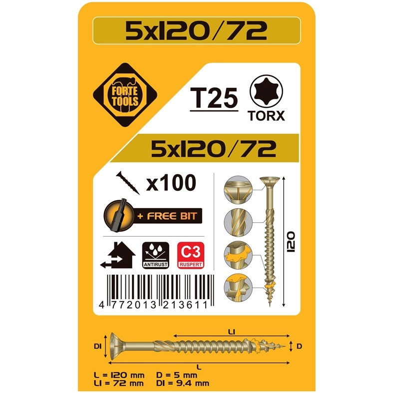 CHIPBOARD SCR T25 5.0X120/72 RSP(100
