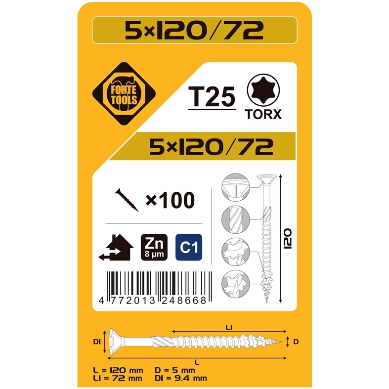 CHIPBOARD SCR T25 5.0X120/72 WHIT
