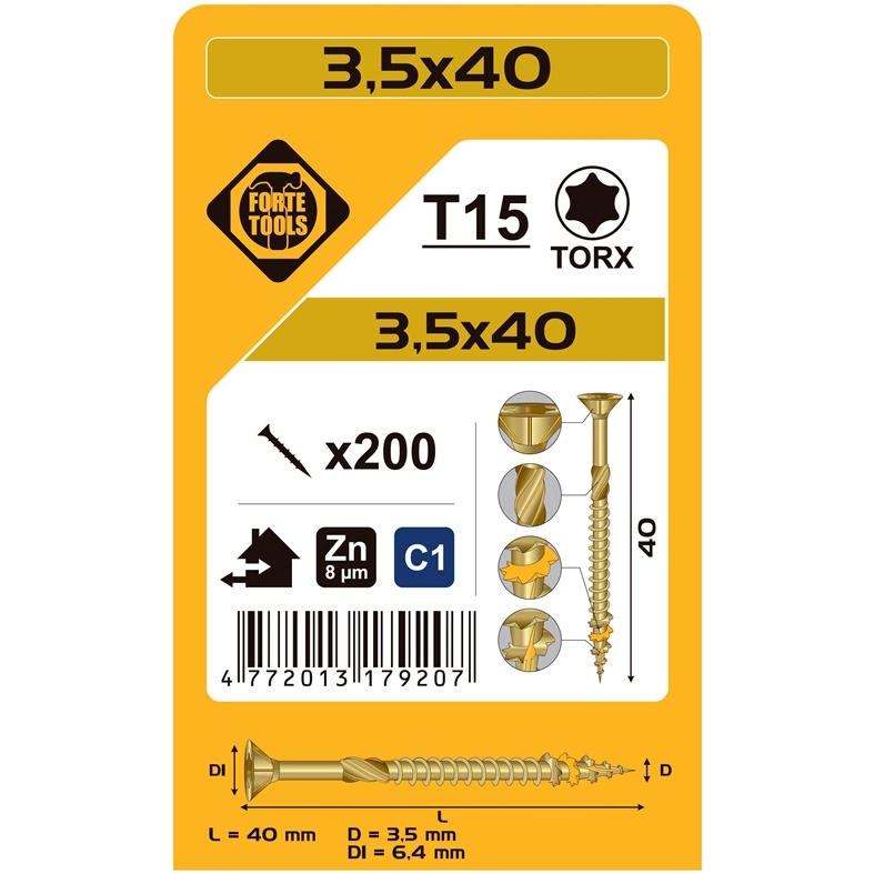 CHIPBOARD SCR T15 3.5X40 YELL