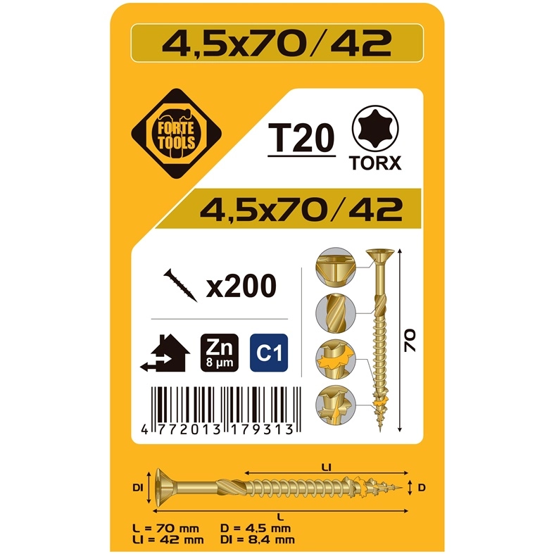 CHIPBOARD SCR T20 4.5X70/42 YELL