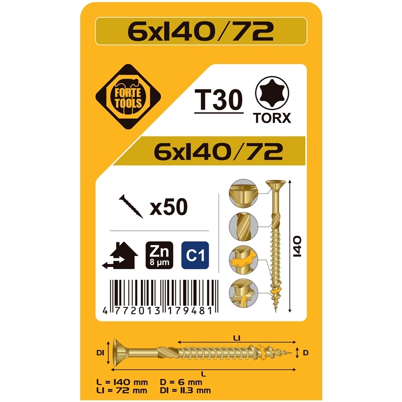 CHIPBOARD SCR T30 6.0X140/72 YELL