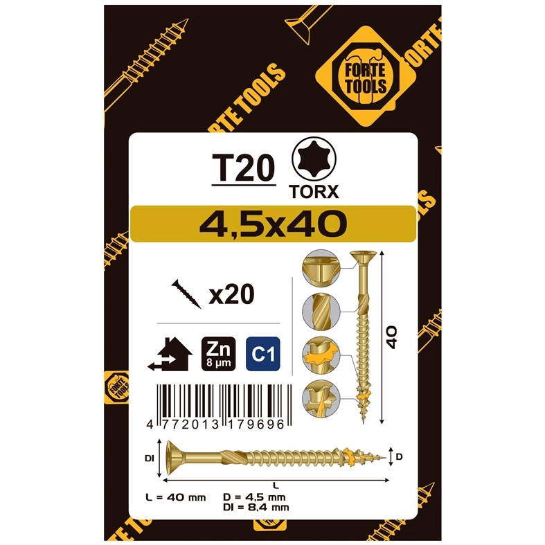 CHIPBOARD SCR T20 4.5X40 YELL