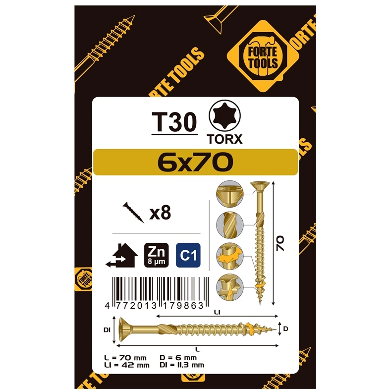 CHIPBOARD SCR T30 6.0X70/42 YELL