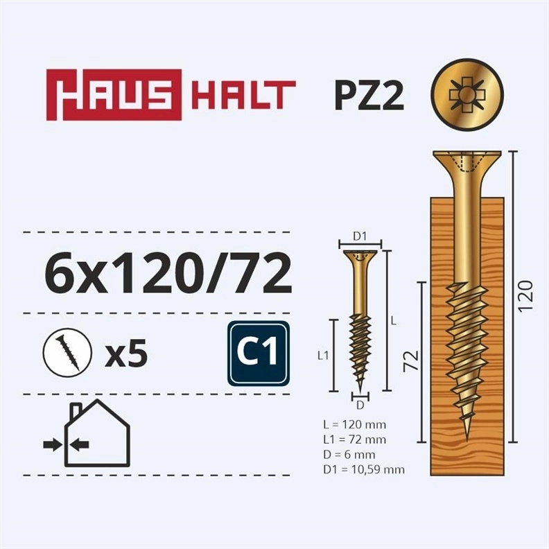 CHIPBOARD SCREW 6.0X120/72 YLWZP 5PCS