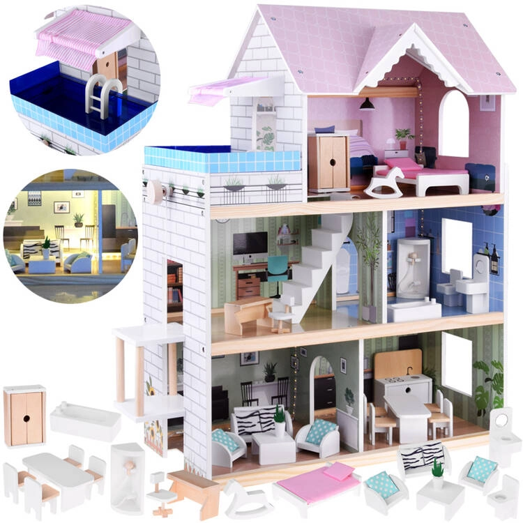 Wooden dollhouse with a swimming pool
