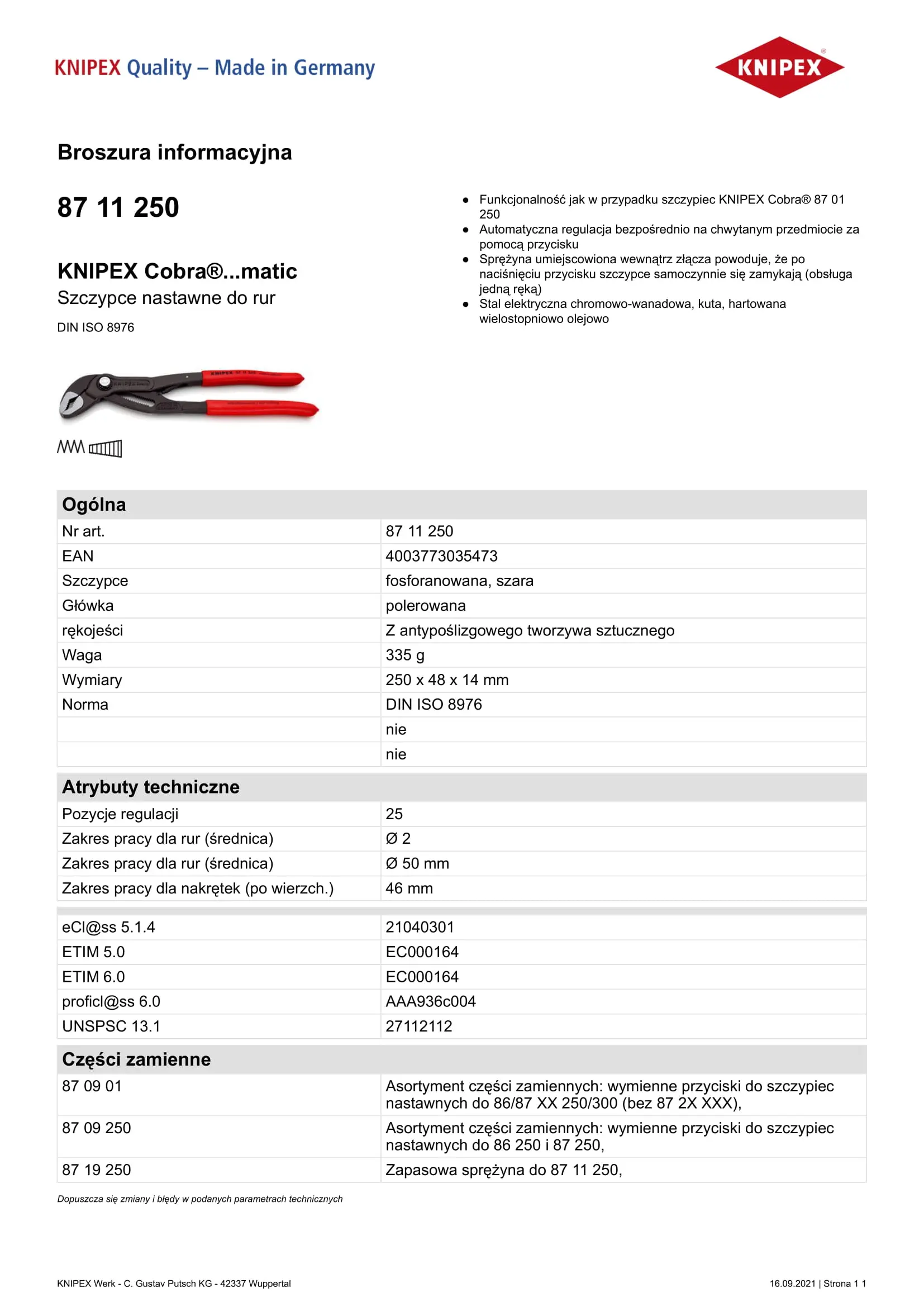 Knipex Cobra pipe pliers 250mm (8711250)
