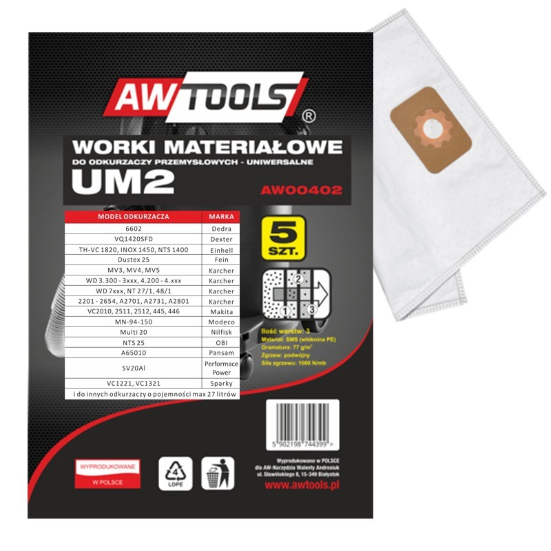 AWTools mikrošķiedras putekļsūcēja maisiņš UM2 MAKITA VC2010/2511/2512/445/446 5 gab. (AW00402)