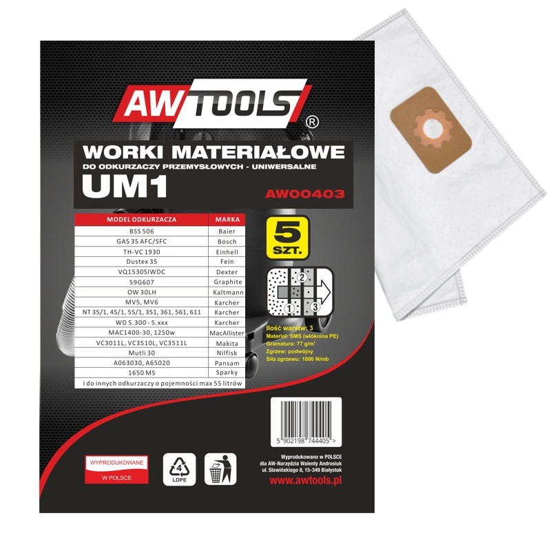AWTools mikrošķiedras putekļsūcēja maisiņš UM1 GAS35/VC3011L/VC3510L/VC3511L 5 gab. (AW00403)