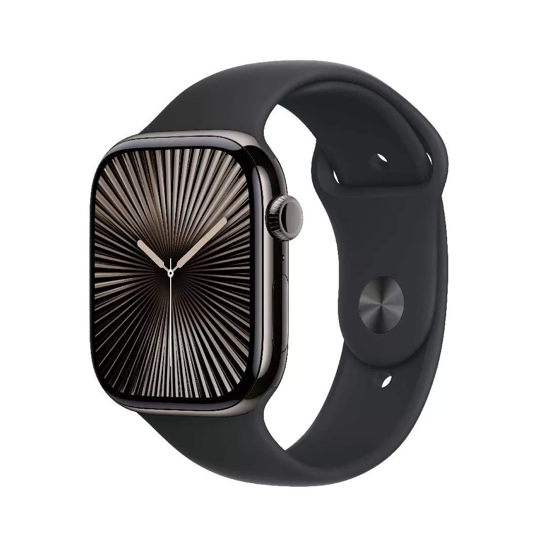 Apple Watch Series 10 GPS + mobilais 46 mm šīfera titāna korpuss ar melnu sporta jostu — M/L