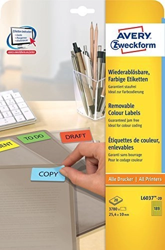 Avery Colour Organising Labels  Removable L6037-20
