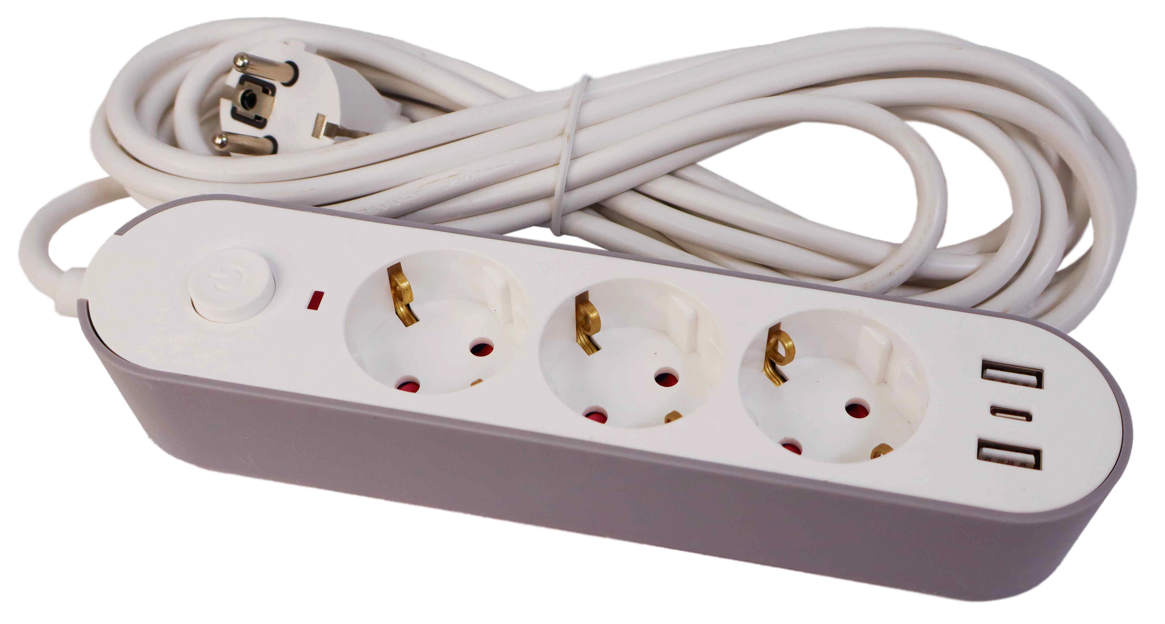 Pagarinātājs 3-vietīgs + 2 USB+Type-C 3m