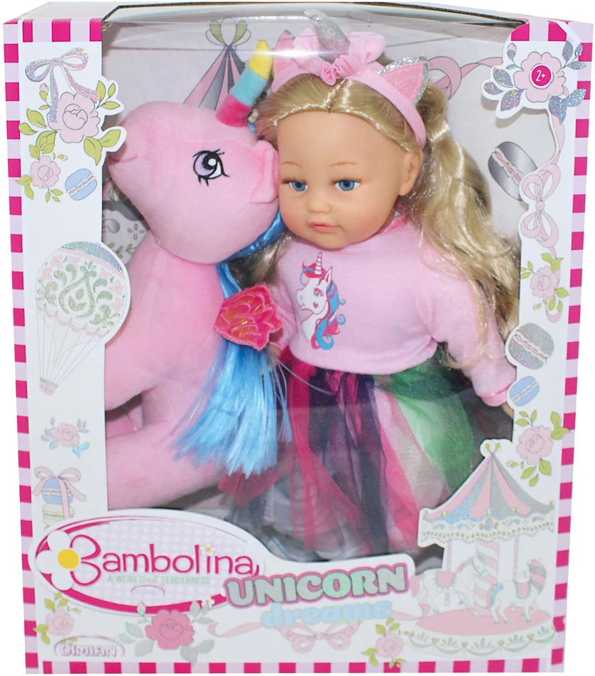 BAMBOLINA doll with a plush unicorn