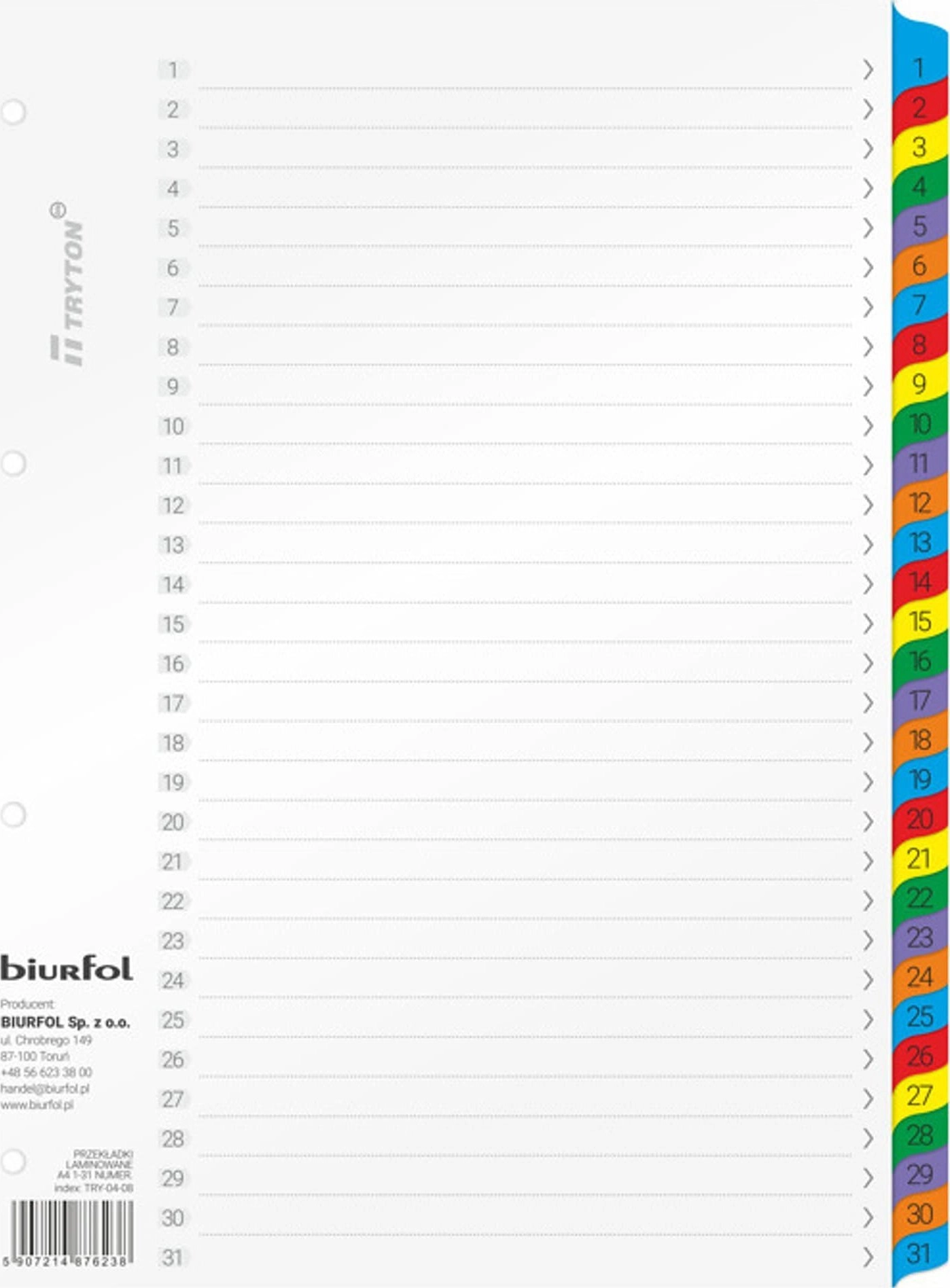 Biurfol Przekładki kartonowe Biurfol A4 1-31