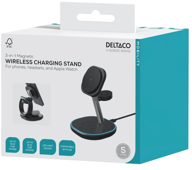 3-in-1 magnetic wireless charging stand DELTACO