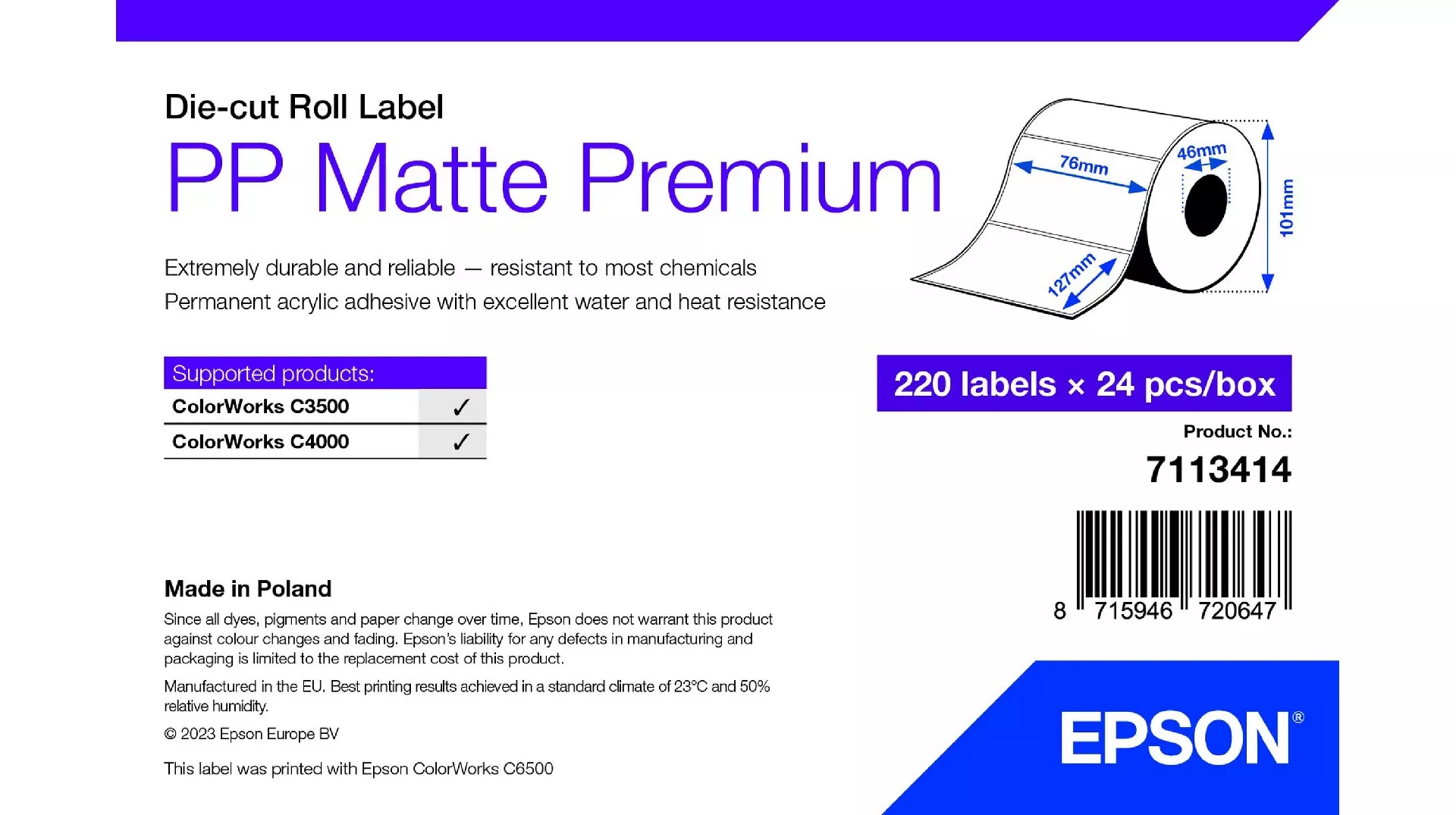 Epson 7113414 printer label White Self-adhesive