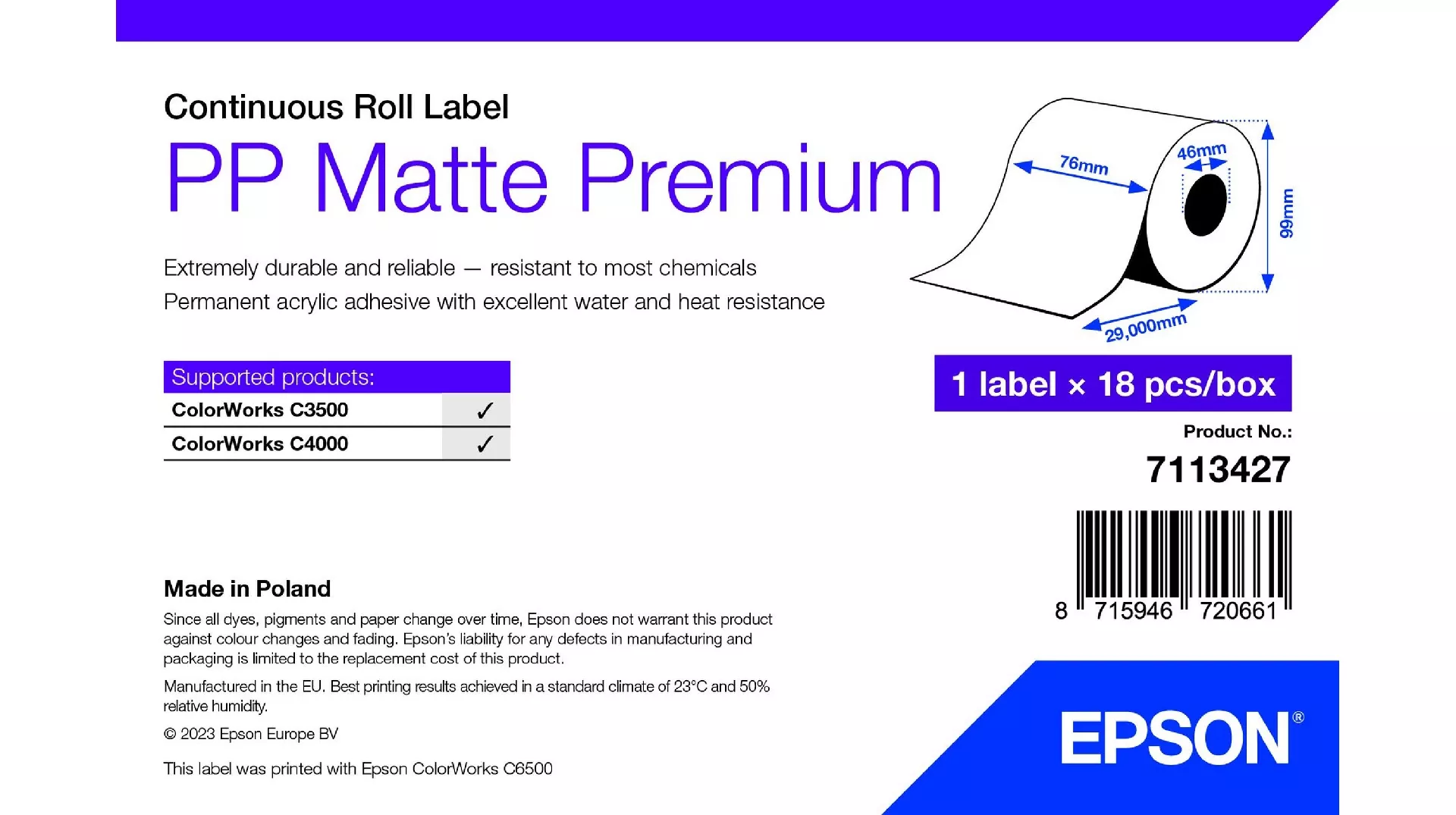Epson 7113427 printer label White Self-adhesive