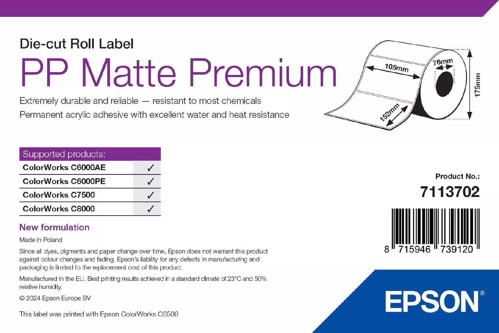 Epson 7113702 printer label White Self-adhesive