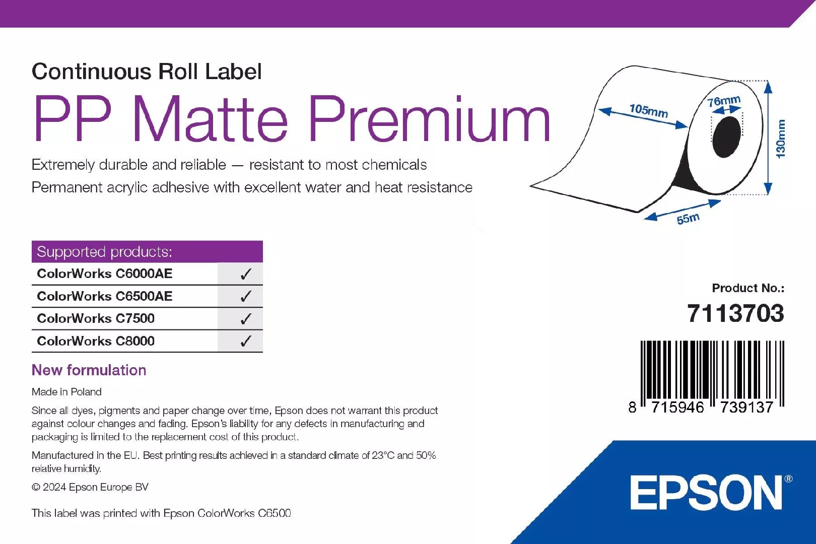 Epson 7113703 printer label White Self-adhesive