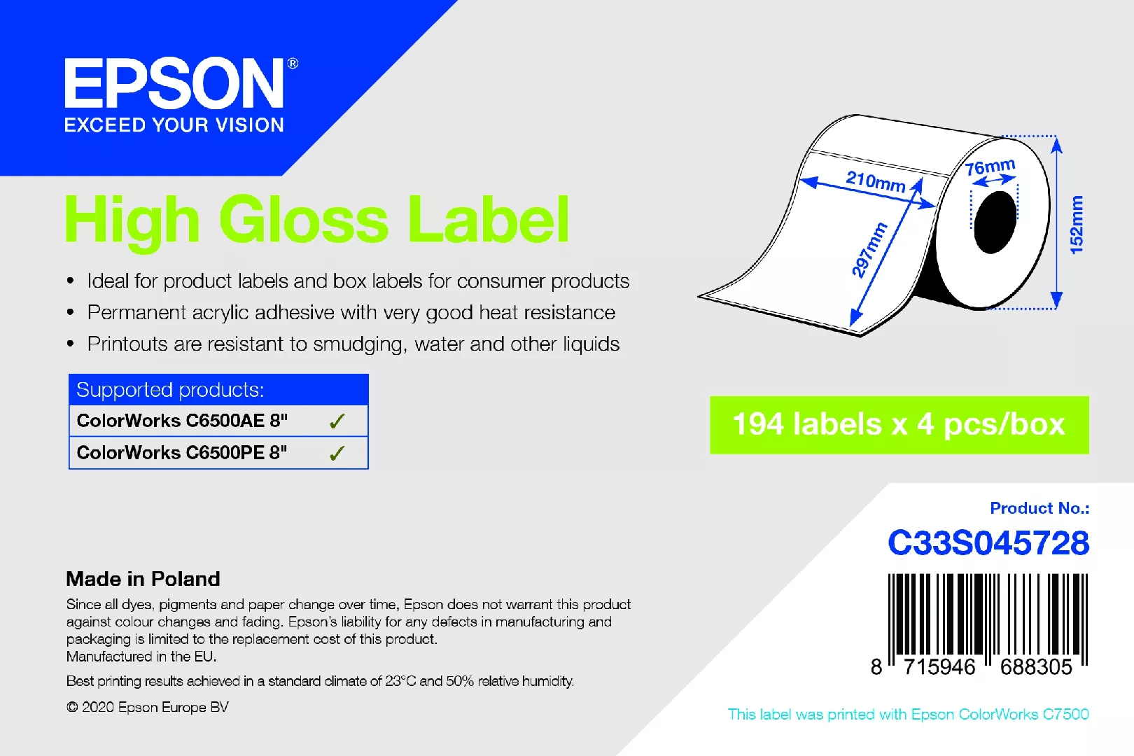 Epson C33S045728 printer label White Self-adhesive