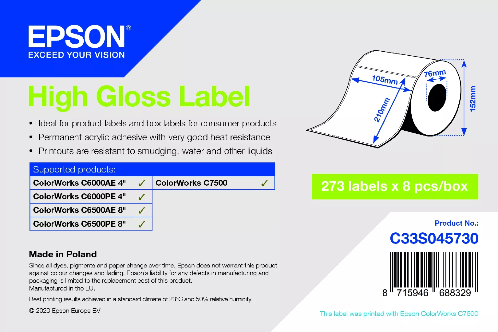 Epson C33S045730 printer label White Self-adhesive
