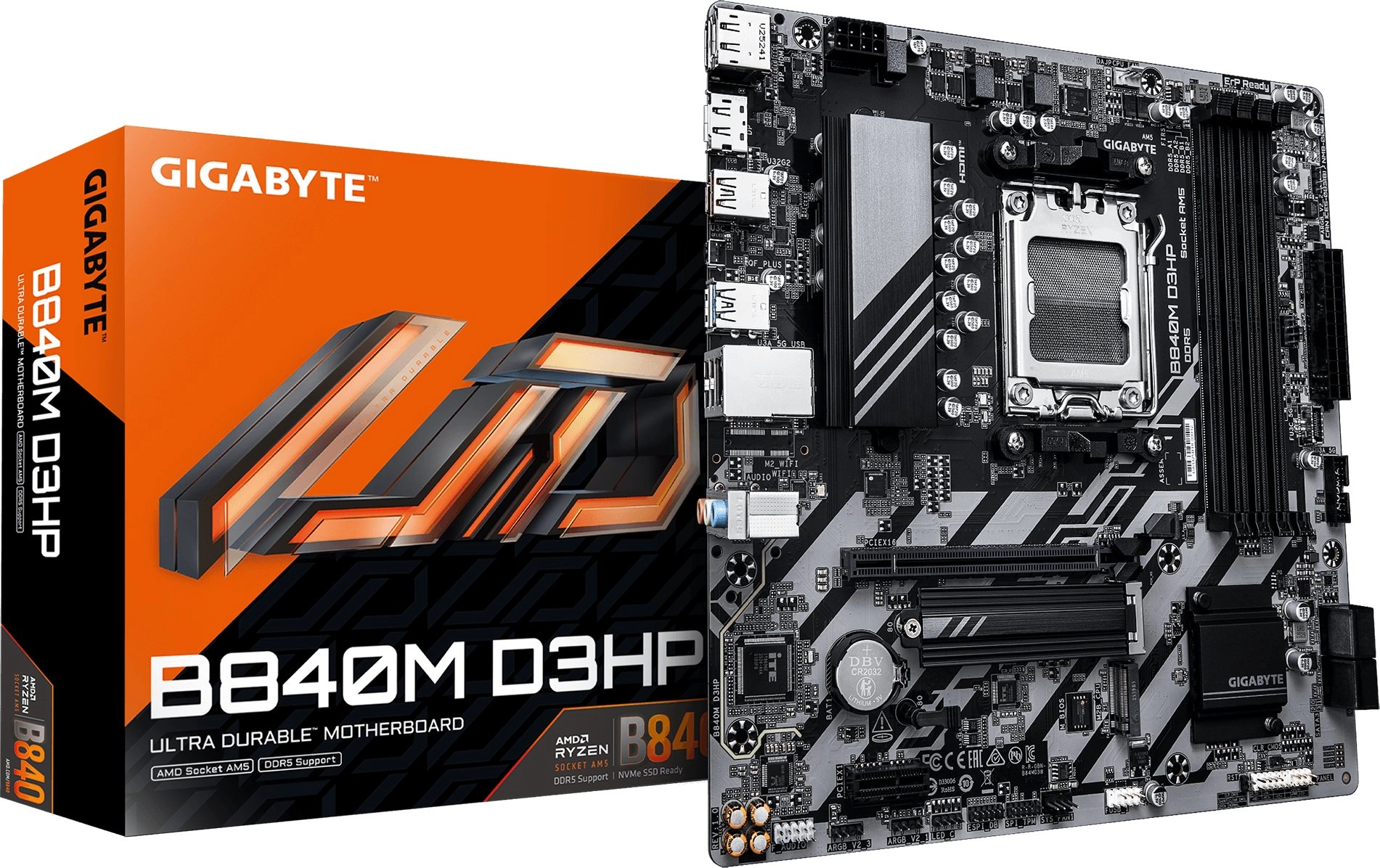 Gigabyte B840M D3HP - mātesplate - mikro ATX - Socket AM5 - AMD B840 mikroshēmojums - USB-C 3.2 Gen 1, USB 3.2 Gen 1 - Gigabit LAN - iebūvēta grafika (nepieciešams centrālais procesors)