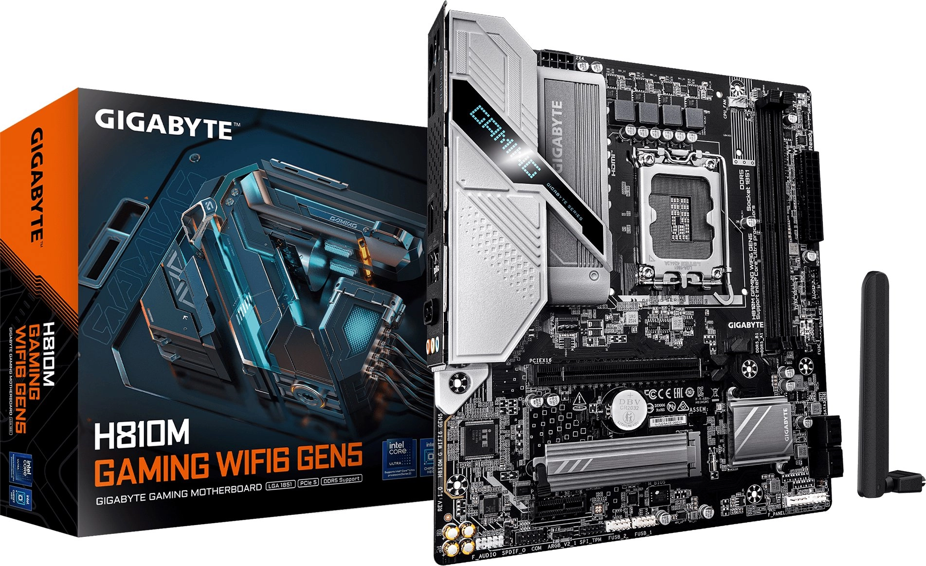GIGABYTE H810M GAMING WIFI6 GEN5 mātesplate — Intel Core Ultra (2. sērija) CPU, 4+1+2 fāzu VRM, līdz 6400 MHz DDR5, 1xPCIe 4.0 M.2, WIFI